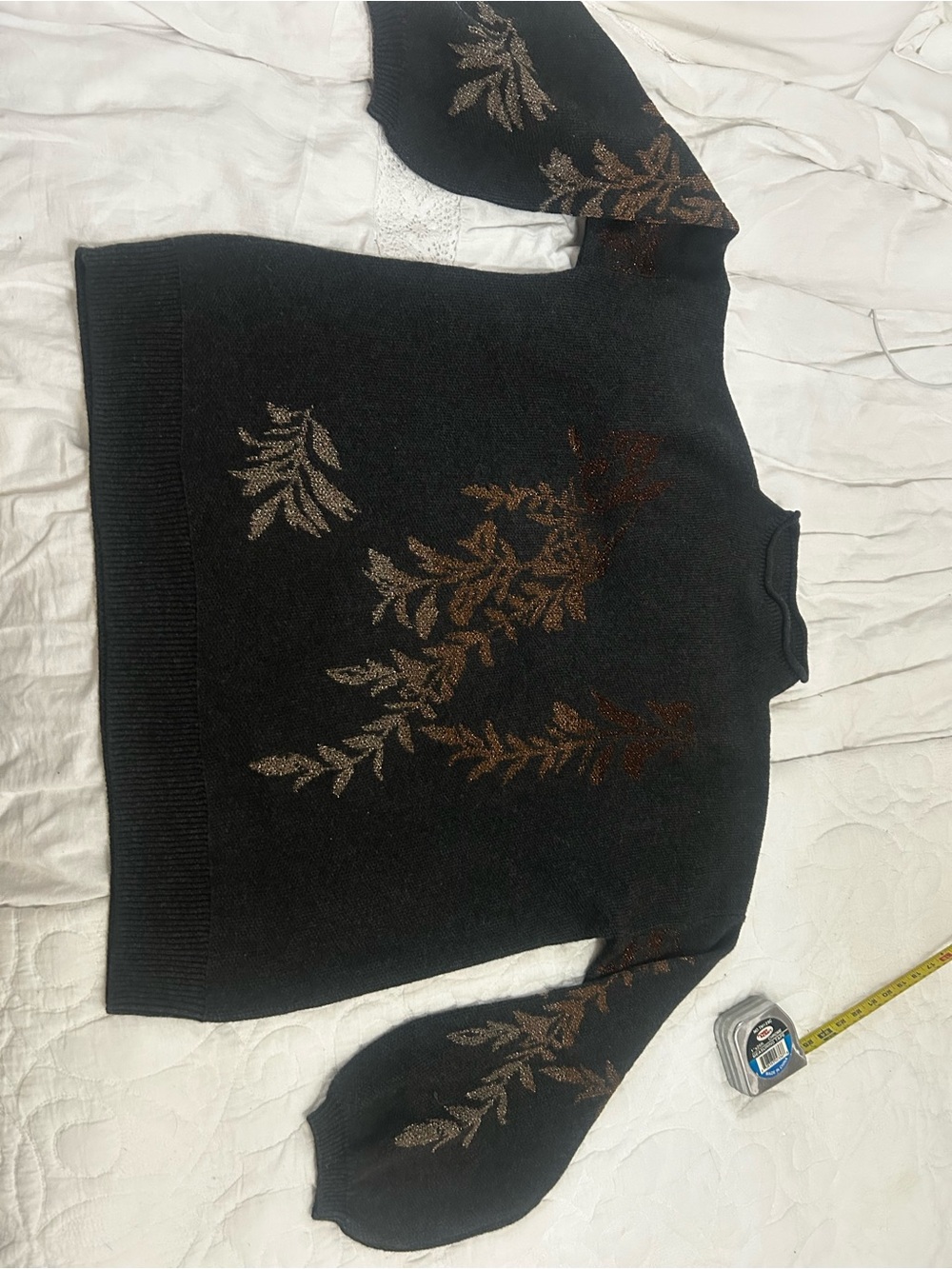 Garnet hill charcoal sweater with bronze Abd gold leaf motif large
